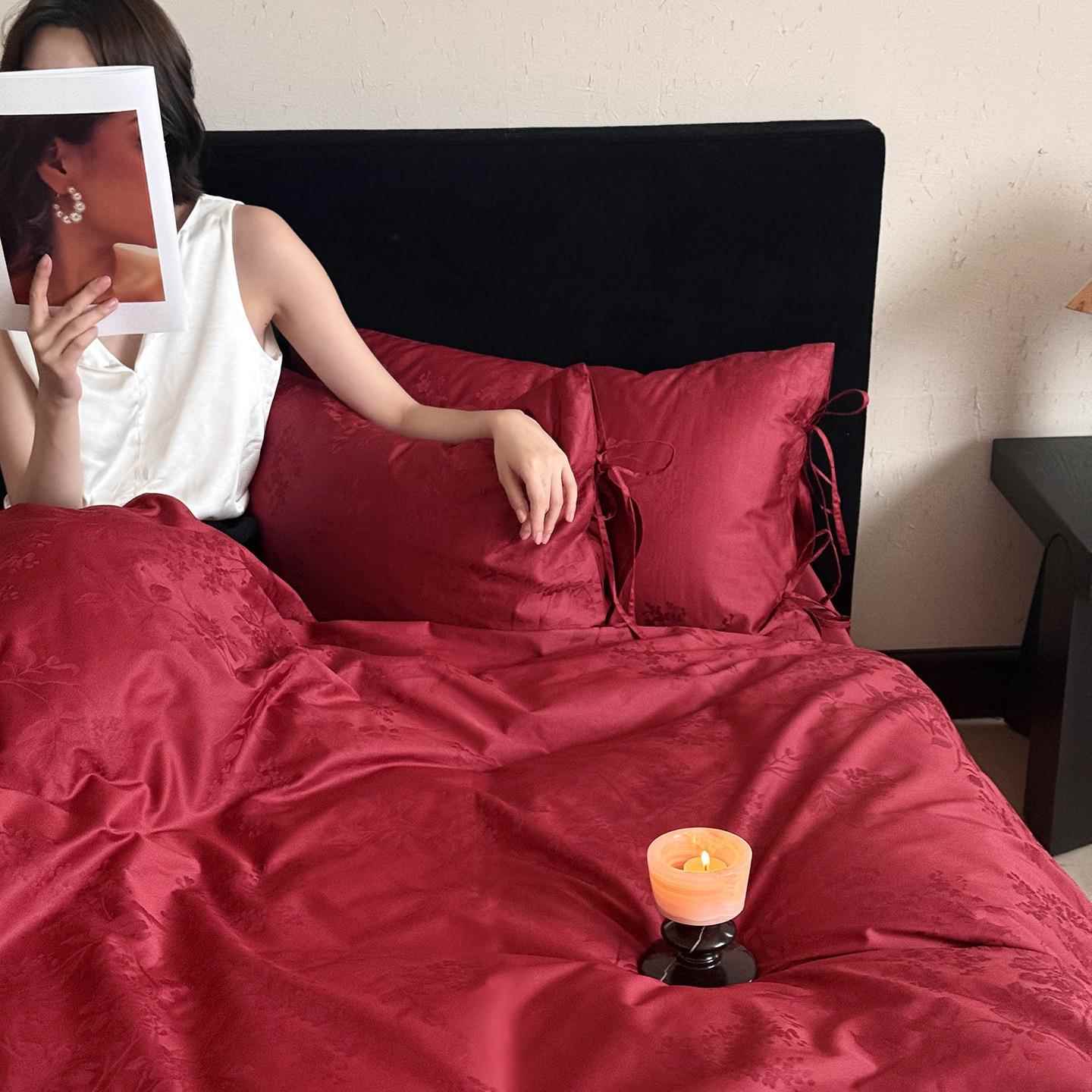 新中式红色婚庆四件套 100支长绒棉贡缎提花婚嫁结婚床上用品绗缝