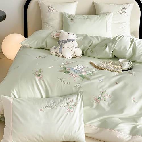 小清新秋冬全棉磨毛四件套铃兰花刺绣纯棉加厚被套床品绿色1.2米