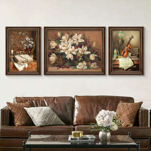 复古三联画轻奢壁画 饰画沙发背景墙挂画油画花卉欧式 美式 客厅装