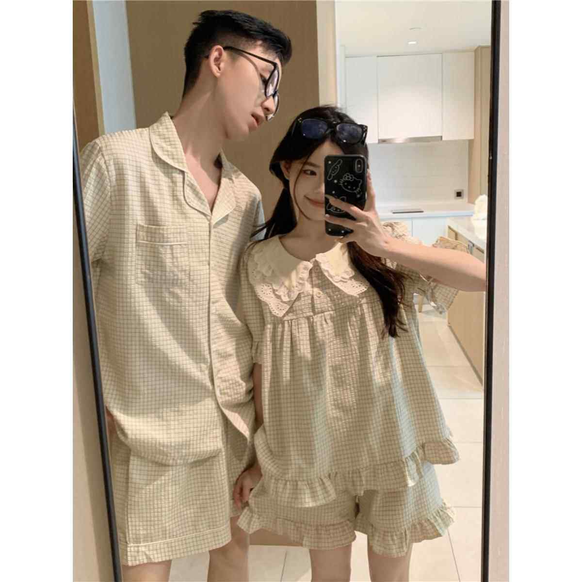 情侣睡衣夏季一男一女可爱公主式娃娃领格纹短袖套装家居服外穿薄
