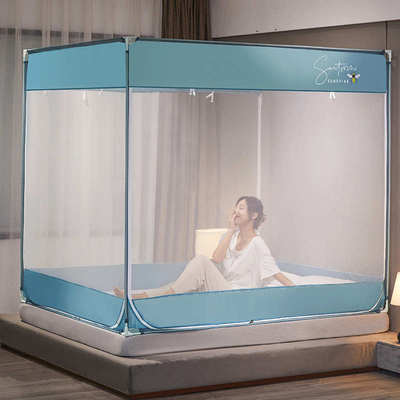 新款床笠式回底坐床蚊帐家用防摔三开门u型双人1.8床加密拉链方帐