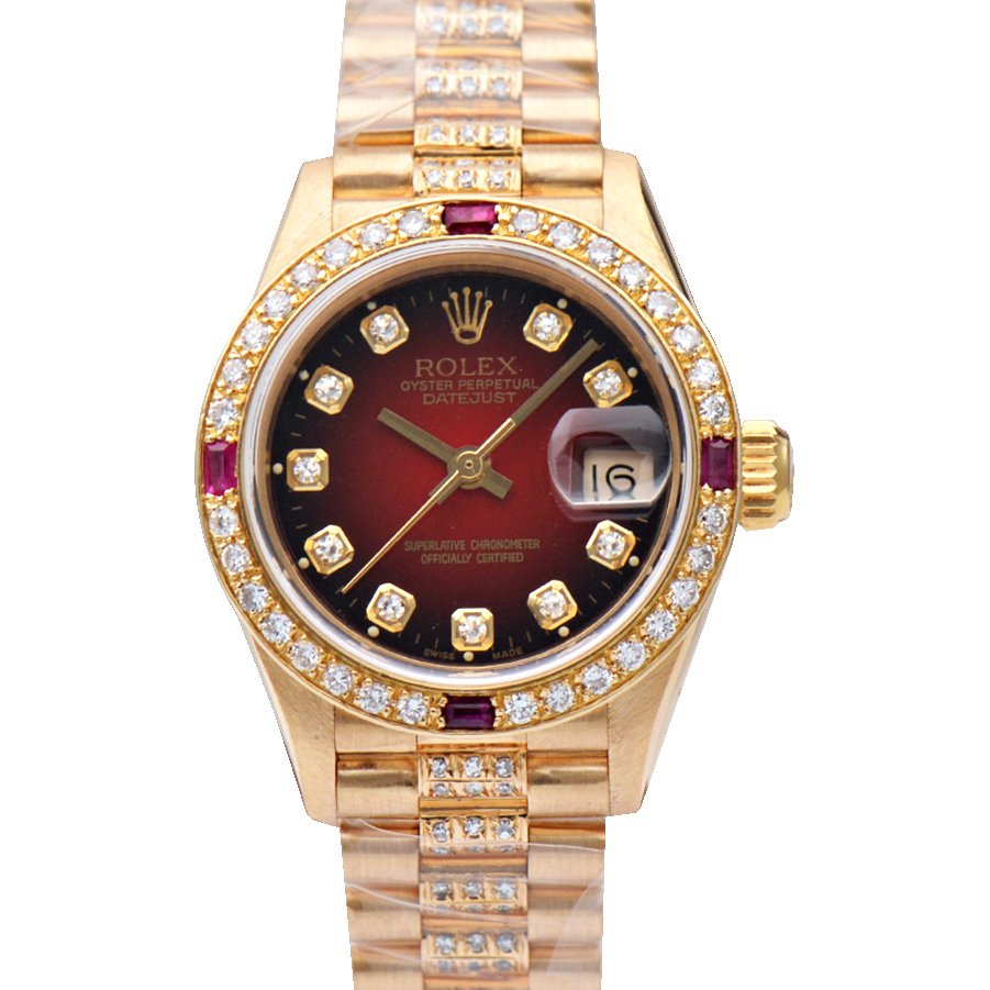 正品女金劳[9.8新]劳力士日志型渐变红后镶钻自动机械女表69178