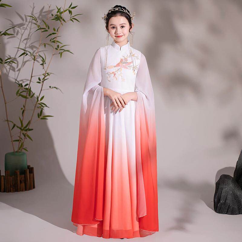 儿童古筝演出服夏季新款红色渐变飘逸民乐演奏女童礼服古筝服定制