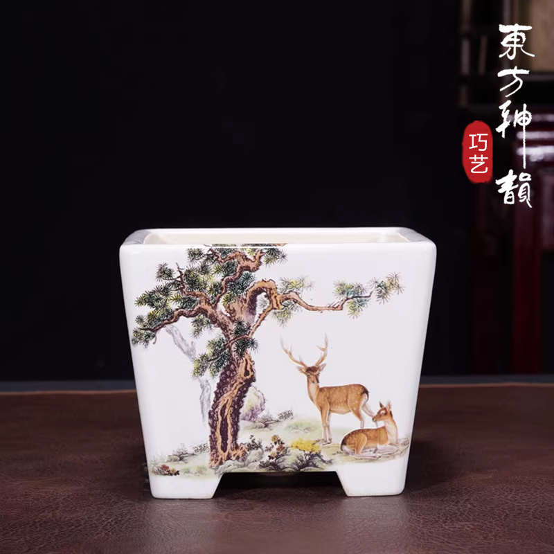 精品紫砂花盆大号正四方彩绘贴画盆景盆兰花绿植室内北欧简约陶