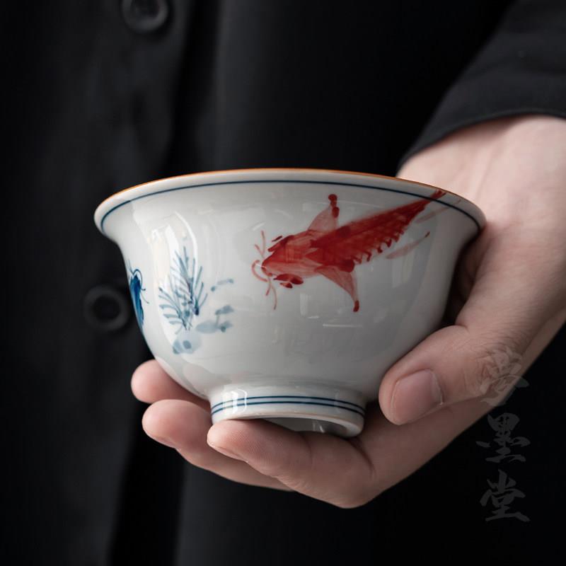 梦墨堂手绘锦鲤主人杯大容量茶碗大号品茗仿古压手杯茶具礼盒装