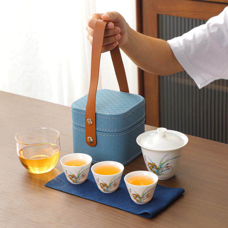 旅行茶具套装户外快客杯大容量便携式茶具羊脂玉露营茶具一壶三杯