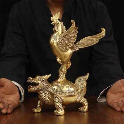 纯黄铜金鸡独立独占ao头龙龟摆件室内家用桌面铜金鸡龙龟摆放用品