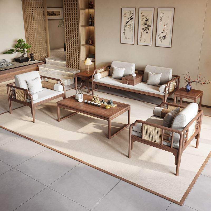 中式北美黑胡桃木编PZC藤沙发新宋式美学办冬公室夏两用客家厅实