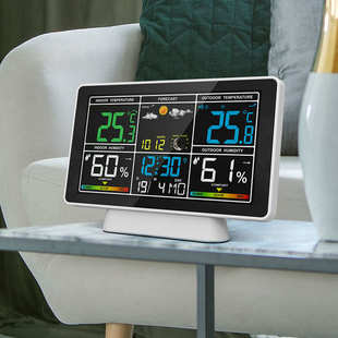 多功能彩屏天气预报电子闹钟带月相RF无线气象钟万年历电波原子钟