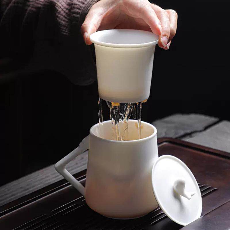泡茶杯陶瓷羊脂玉办公杯带盖茶水分离耐高温过滤茶具素烧茶杯杯子