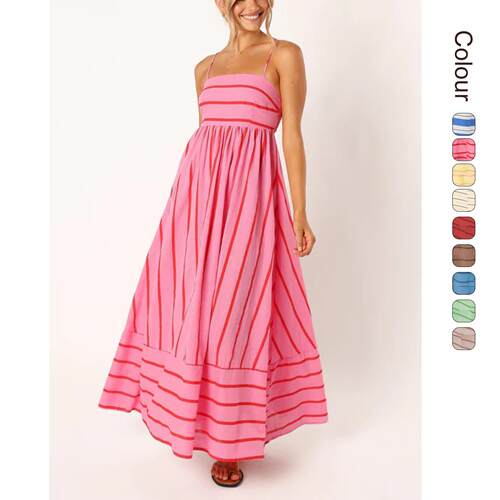 Women's Striped Print Halter Neck Dress  Bohemian Halter