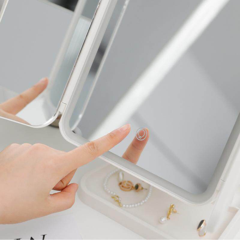 ins台式化妆镜带灯收纳盒一体式可折叠贝壳镜子led灯补光镜梳新品