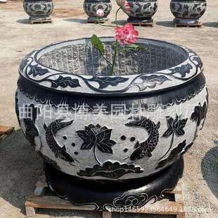 石雕鱼缸花盆荷花鱼青石仿古大理石汉白玉庭院花钵石槽花盆
