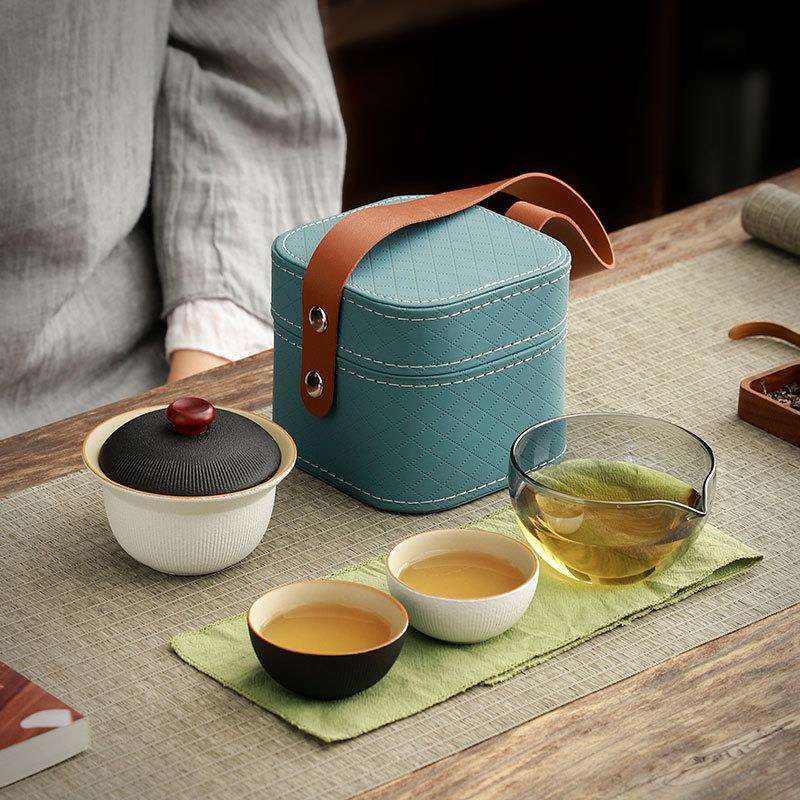 芝兰阁黑白配粗陶旅行茶具套装一壶二杯快客杯户外喝茶泡茶杯家用