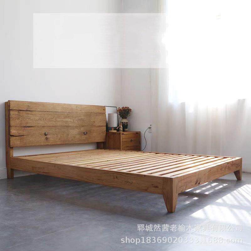 复古怀旧老榆木大床小户型经济型加厚实木双人床卧室老式午休大床