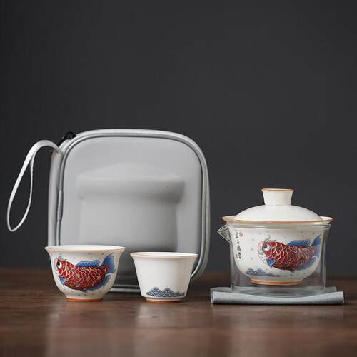 草木灰金玉满堂龙鱼旋转悬停盖碗旅行快客杯茶具户外露营定制送礼