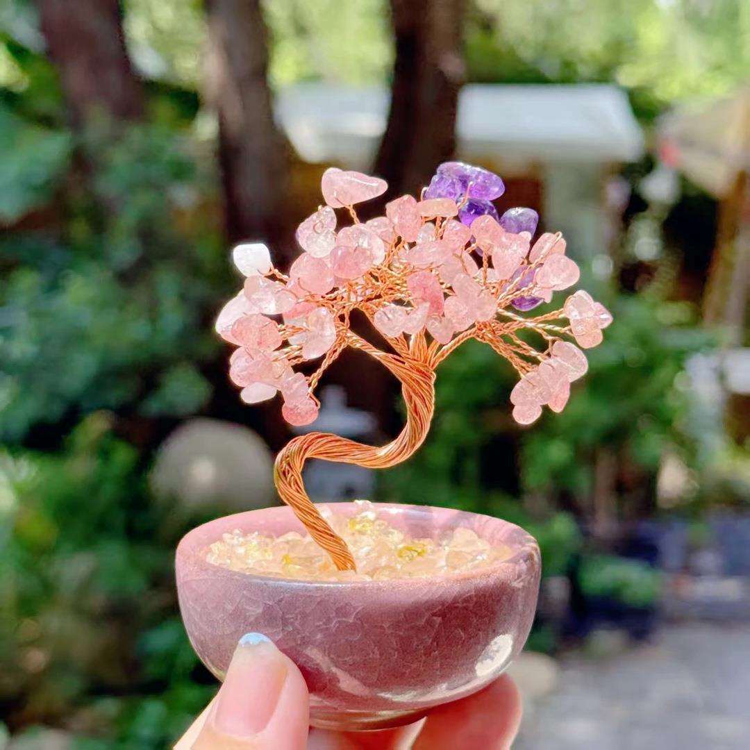 东魅发财树富贵树粉色紫色水晶桌面多宝摆件发财树创意手工工艺品