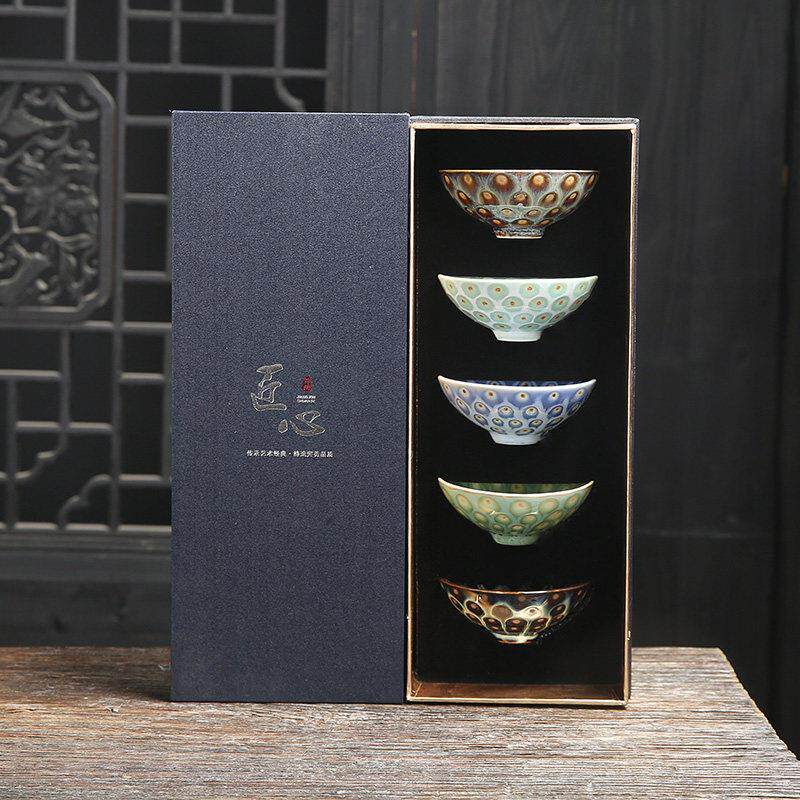 五行杯窑变主人杯单个粗陶功夫茶具陶瓷茶杯大号品茗杯礼盒装