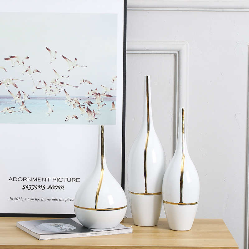 ins北欧陶瓷花瓶摆件电镀尖口艺术样板房撞色轻奢创意家居装饰品