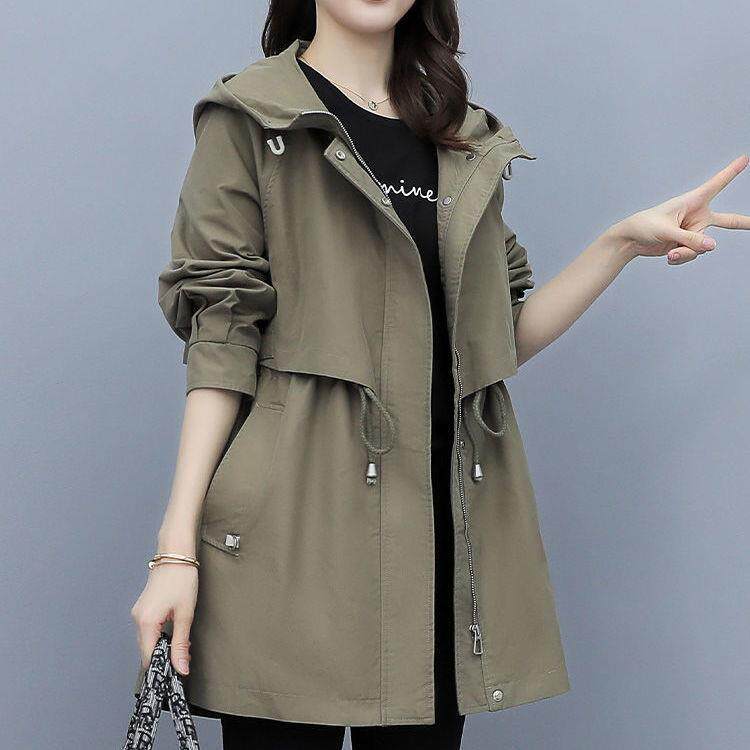 工装风衣女中长款2023年春秋装新款宽松休闲时尚军咖色连帽外套潮