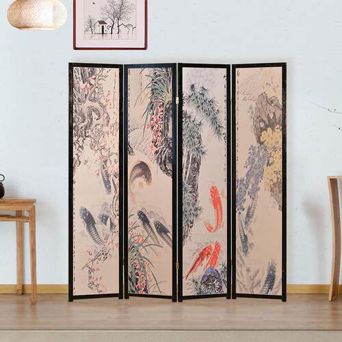 现代简约实木屏风隔断中式花鸟山水折屏酒店办公室双面玄关门屏风