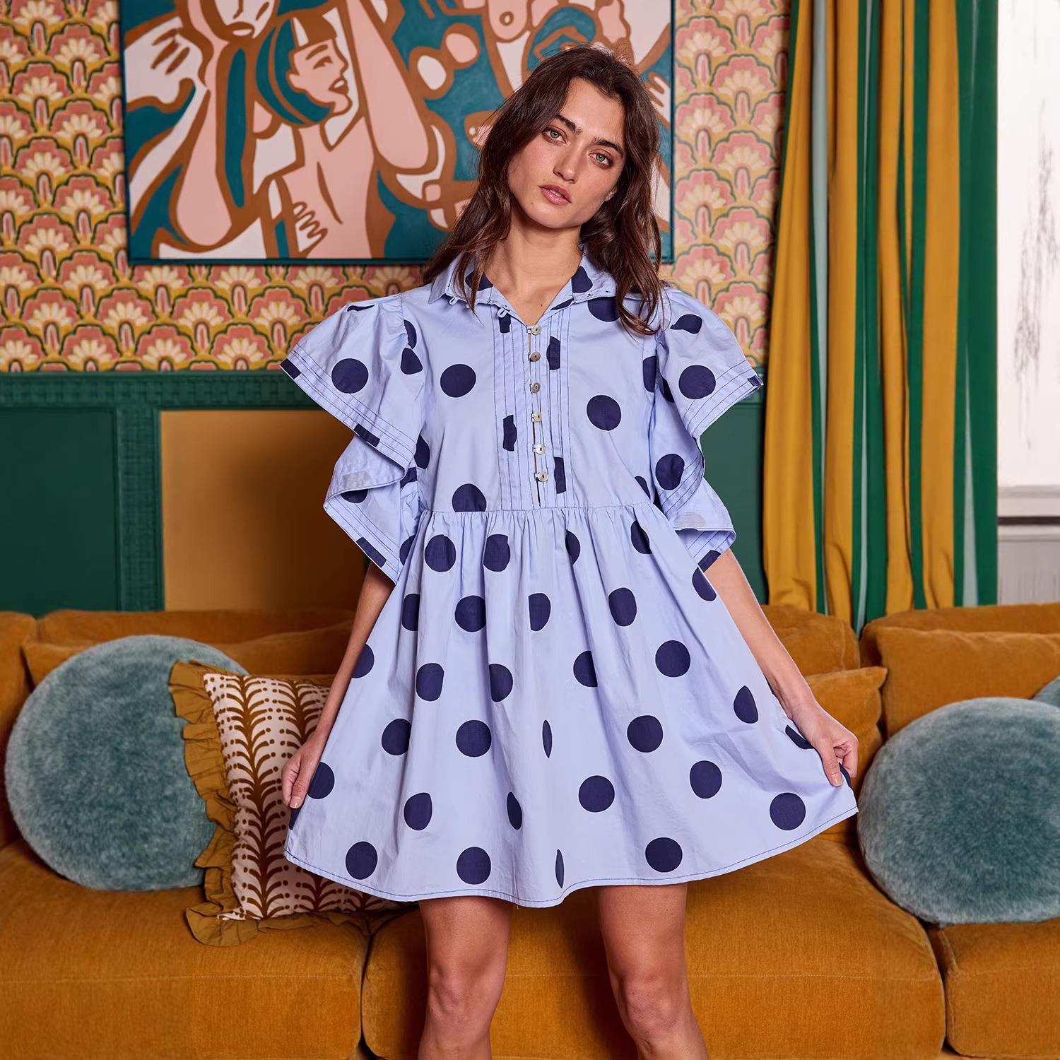 Women's Polka Dot Mini Dress - Collared Puff Sleeve Babydoll