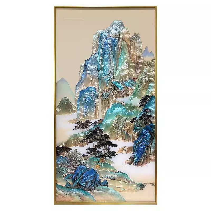 手绘新中式珐琅彩装饰画入户玄关走廊挂画屏风隔断办公室山水壁画