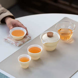 旅行功夫茶具套装 奶油黄便携式 户外露营快客杯陶瓷泡茶壶茶杯批发
