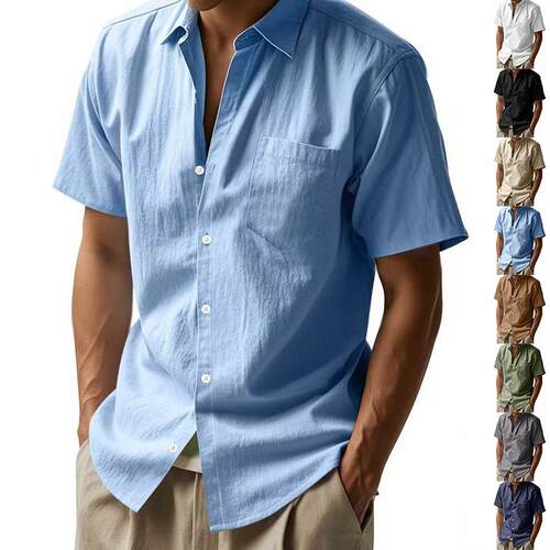 Men Linen Shirt Regular Casual Sleeve Button Summer Beach