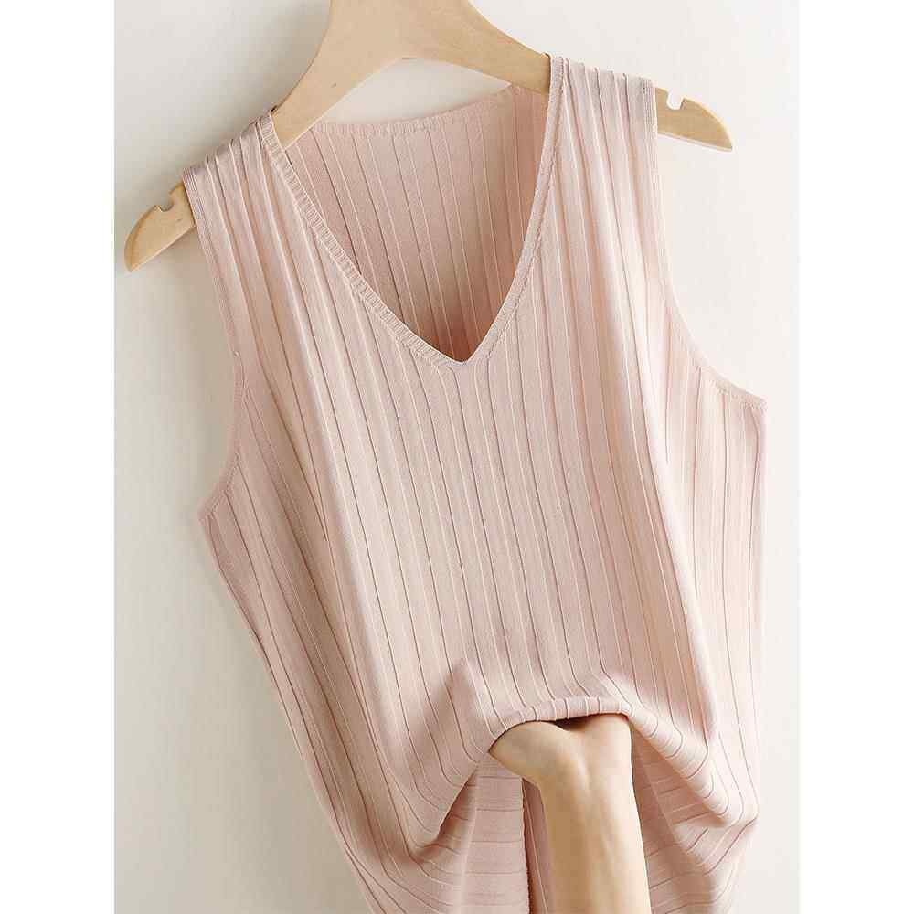 V领冰丝针织吊带背心女秋季粉色鸡心领无袖打底衫上衣西装内搭