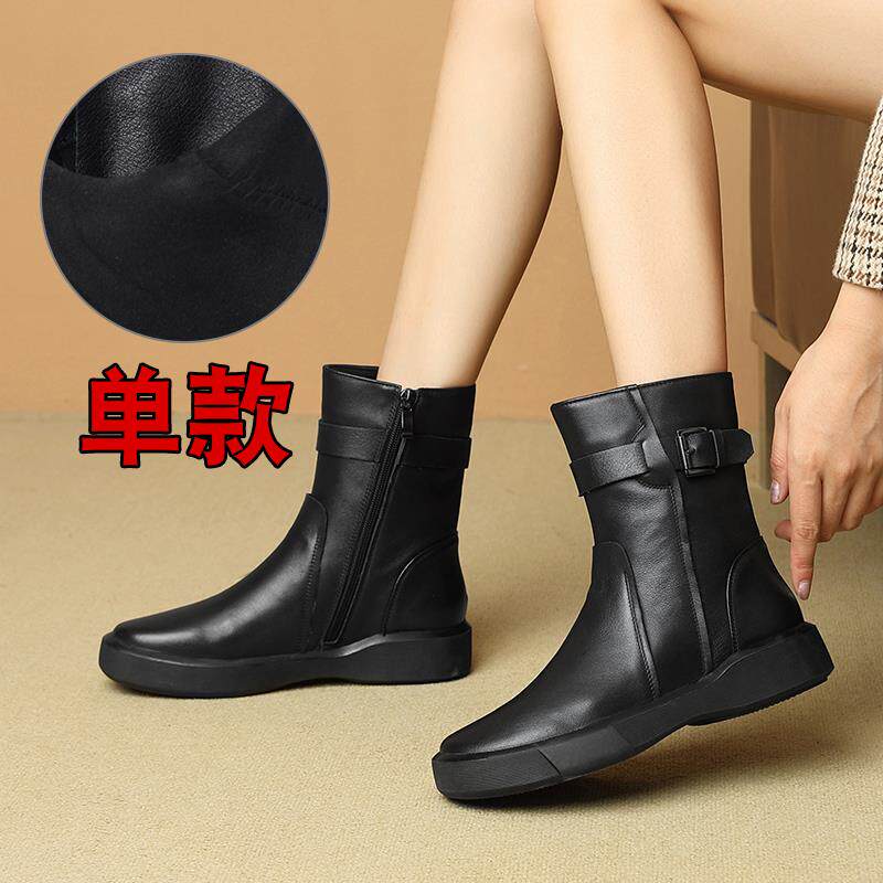 新款024冬季新款羊毛春女短靴平底2真皮马靴大丁码女靴加绒秋单靴
