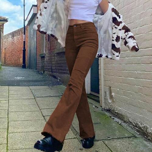 Micro flared long denim pants with visible legs