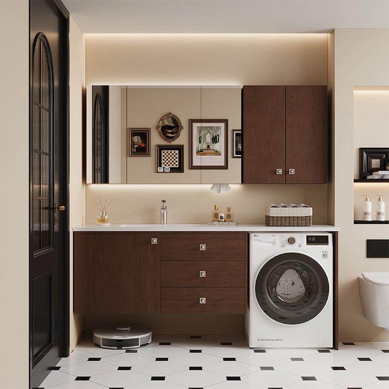 中古风洗衣机一体柜浴室柜组合岩板洗漱台阳台洗手池洗脸盆柜组合