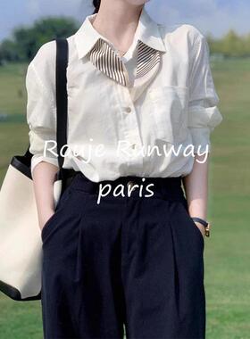 Rouje Runway白色长袖职业衬衫女秋新款衬衣高级感气质polo领上衣