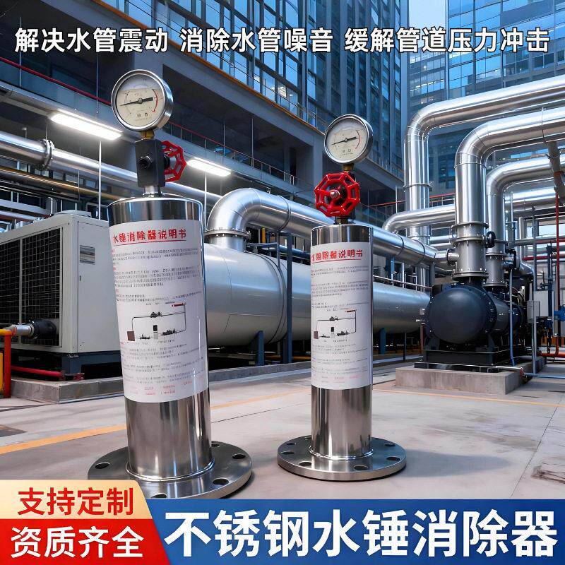 不锈钢水锤消除空气能热水器法兰DN65水平安装水流冲击波消除器
