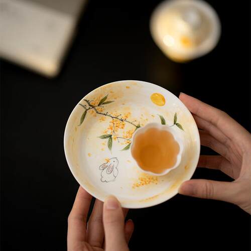墨己玉泥白瓷手绘桂下萌兔陶瓷壶承茶道配件圆形瓷盘茶点盘瓜果盘