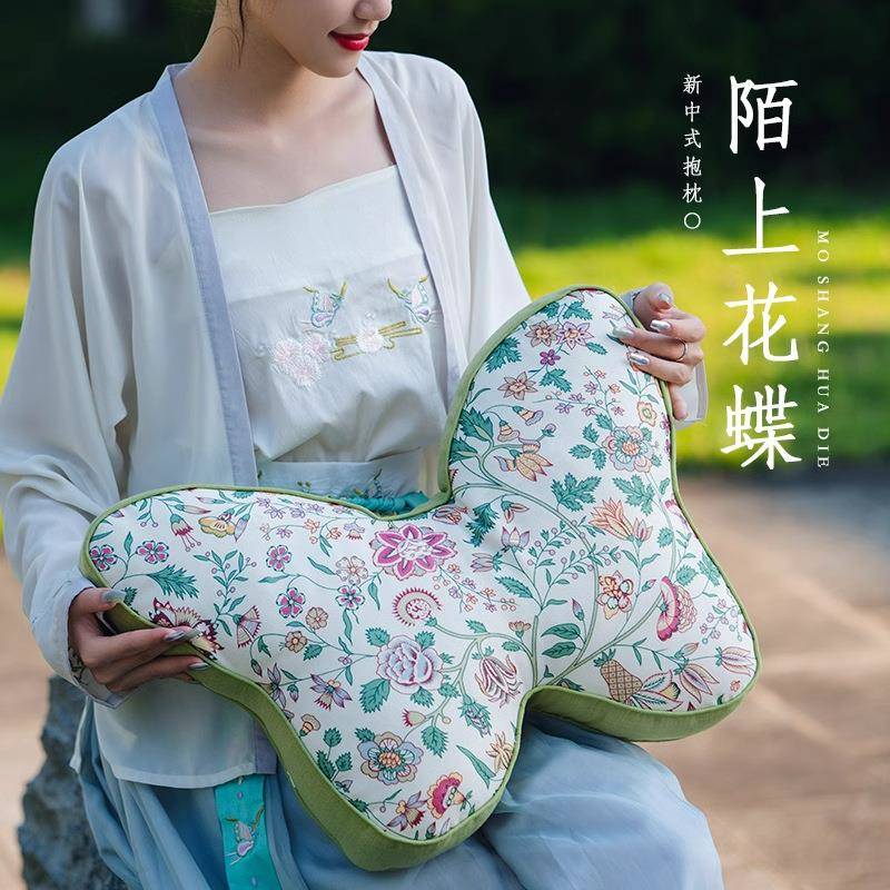 跨境新中式刺绣抱枕蝴蝶靠枕布艺靠垫样板间床头枕套样板房腰枕