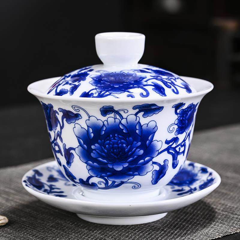 青花瓷三才盖碗茶具套装茶碗带盖大号单个功夫泡茶白陶瓷茶盏茶杯