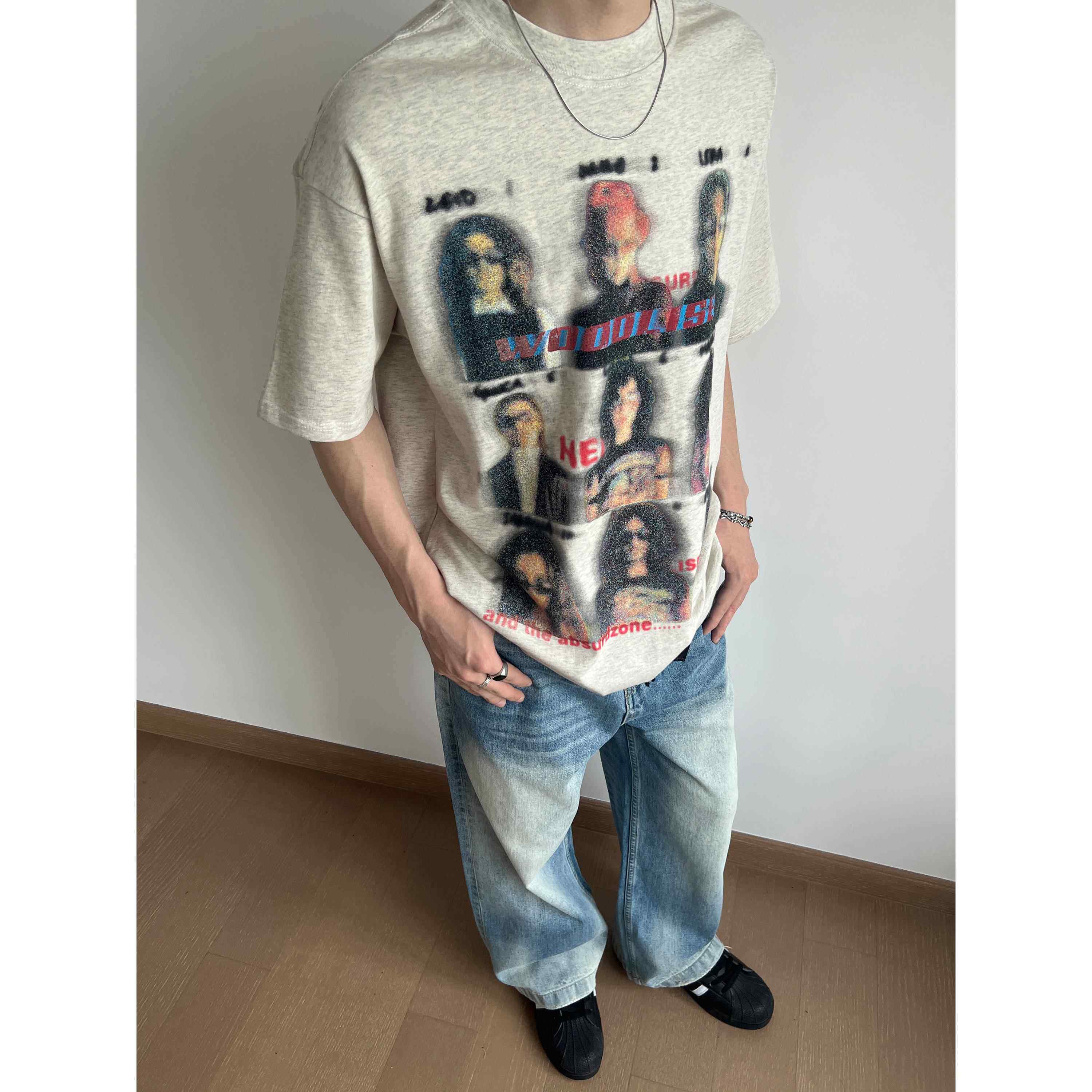 UNLG古着vintage模糊人像重磅纯棉短袖t恤男夏季宽松cleanfit上衣