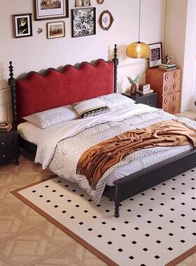 复古风1.8米实木床双人床黑色美式小法式中古主卧婚床软包单人床