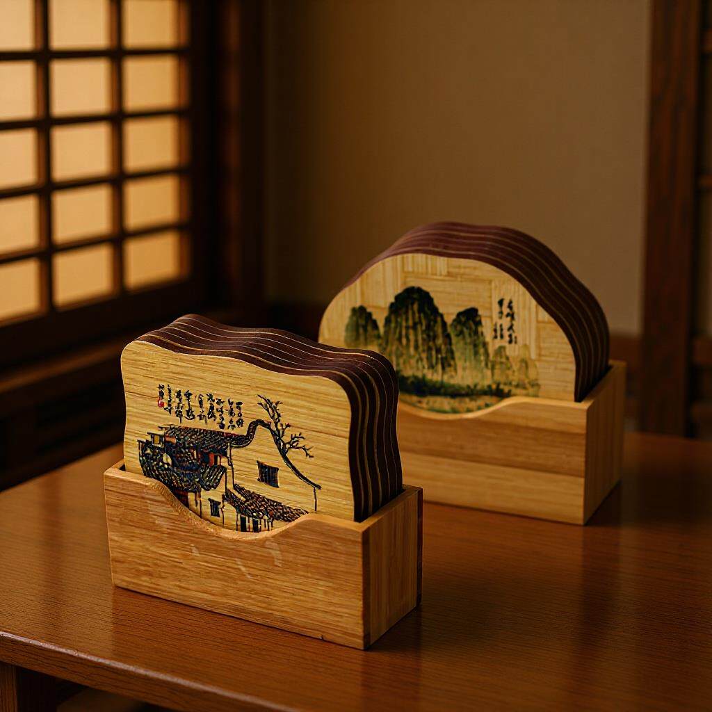 新款餐茶具杯垫 餐具垫印花家居装饰 碳化竹木工艺品礼品