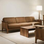 新中式 黑胡桃白蜡木直排沙发茶几组合民宿办公室家用客厅实木家具