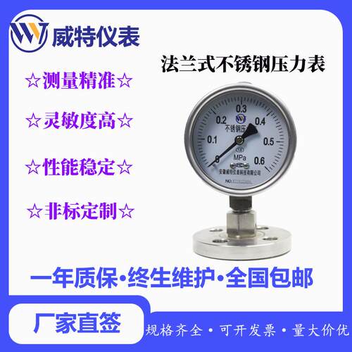威特Y-100BF不锈钢高精度防腐压力表法兰式连接水压气压液压表