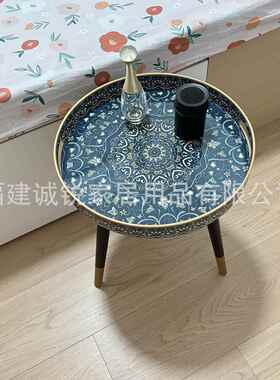 客厅边几圆小茶桌贴花纸装饰托形盘带手可UAO边拆把卸木腿沙发咖