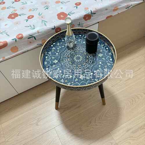 可客厅边几圆形茶桌贴小花RSB纸装托盘饰带把手拆卸木腿沙发边咖