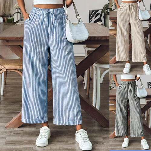 Lightweight Wide Leg Long Stripe Woven Pants Designed for Wo