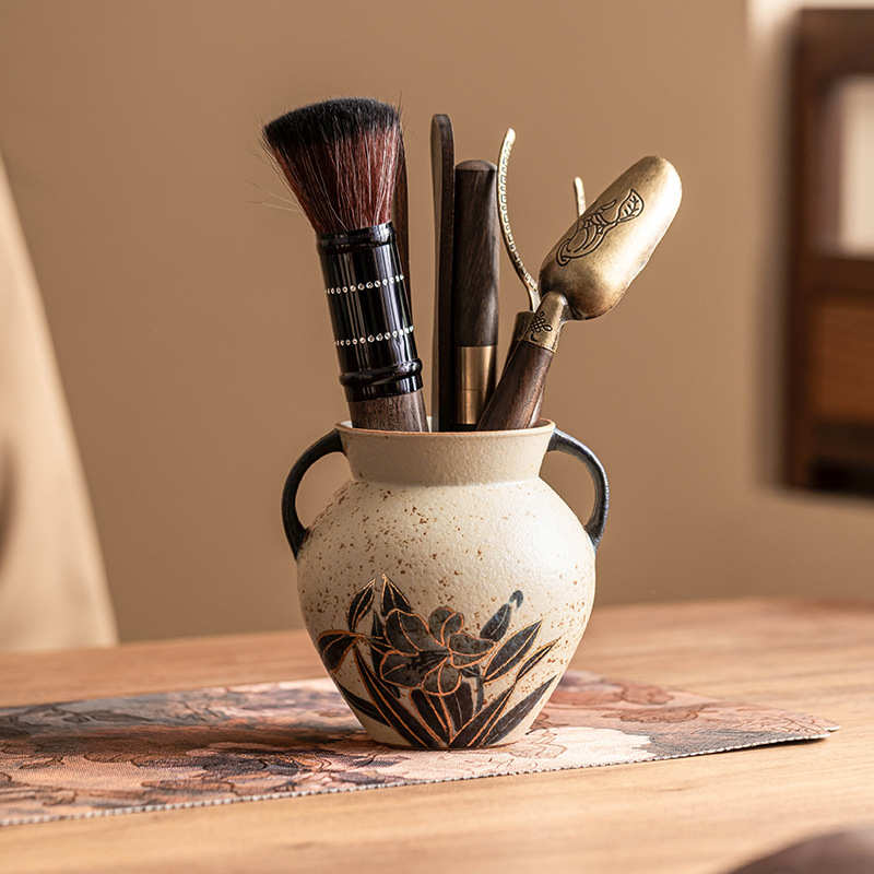 青花火石红陶瓷六君子套装家用办公室摆件双耳茶道瓶功夫茶具配件