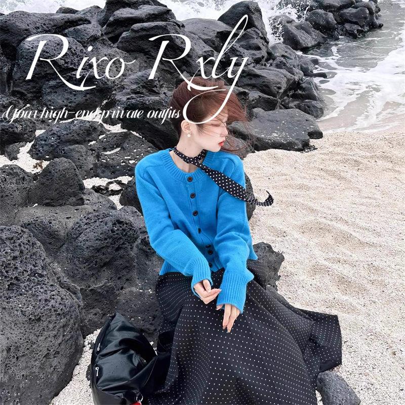 RIXO RXLY蓝色圆领毛衣外套女春秋小众设计感宽松慵懒风针织开衫