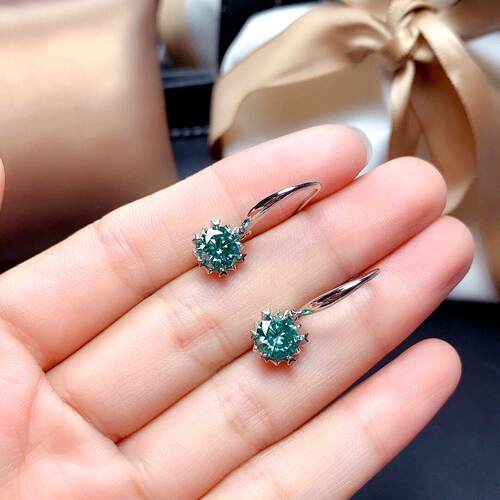 Blue Green Moissanite Stud Earrings 1 Carat Super Sparkling