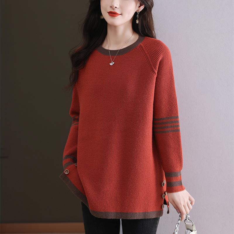 中年妈妈装秋冬拼色毛衣女宽松加肥加大码洋派上衣开叉羊毛打底衫